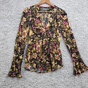Anthropologie Top Womens XS Black Floral Button Up Deep V-Neck Feminine Romantic
